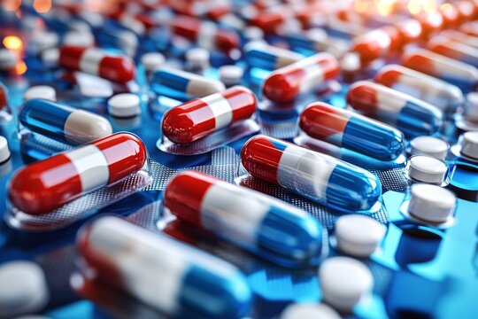 Conveyor belt efficiently transporting red and white capsules demonstrating the seamless integration of automation in pharmaceutical logistics.