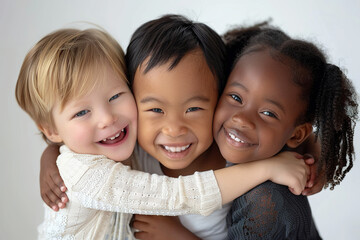three little children of different ethnicities, hugging and congratulating each other as siblings, national adoption month