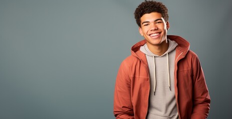 Fototapeta premium A young man wearing a red hoodie and gray sweatshirt is smiling