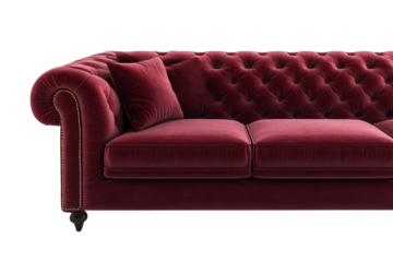 Elegant maroon tufted velvet sofa with plush cushions, perfect for luxurious living rooms and sophisticated interior decor.