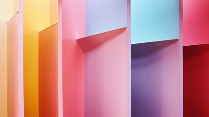 Obraz premium Bright, colorful, abstract arrangement of geometric shapes and panels in various shades of pink, blue, and purple, creating a visually stimulating composition.