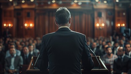 Man Giving Speech on Stage to Audience