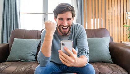 Obraz premium Excited looking young man holding smartphone device. Man making yes gesture with clenched fist. Man with happy and satisfied expression looking at smartphone screen.