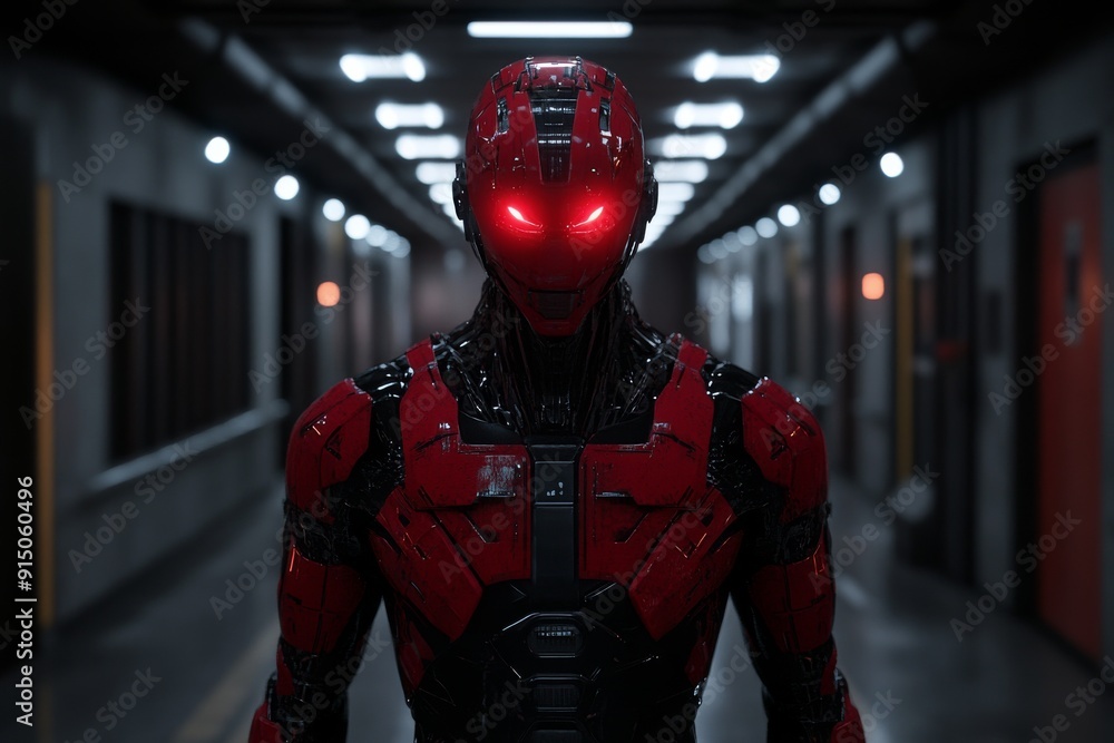 Poster futuristic robotic entity with red glowing eyes peering through the darkness symbolizing ominous tec