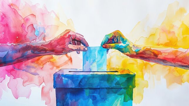 Two hands cast votes into a ballot box, symbolic of the democratic process.  The colorful background represents diversity and unity.