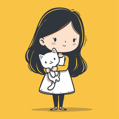  Cute cartoon girl in a dress holding a white kitten, yellow background, sweet illustration.
