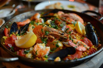 Experience a vibrant paella dish featuring seafood and saffron