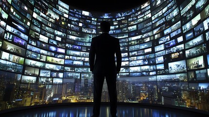 A male figure stands silhouetted in front of a vast array of digital screens, showcasing data and imagery in a futuristic, high-tech environment.