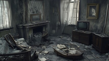 A haunting interior of a burnt-out living room, featuring charred furniture, ashes, and dilapidated decor, evoking a deep sense of abandonment.