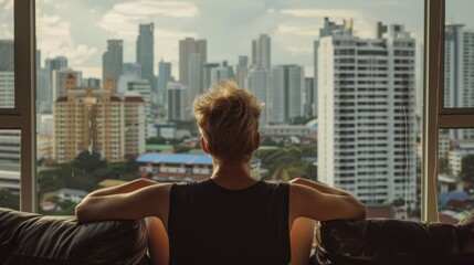 A person gazes out at an expansive urban skyline from a high-rise apartment, capturing a moment of reflection and modern living.