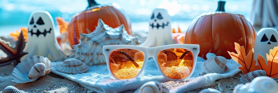 A beach setting with Halloween sunglasses lying on a towel, surrounded by spooky seashells and ghost - shaped sandcastles