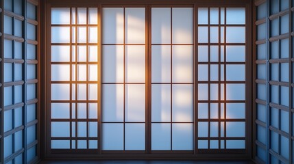 Wooden Shoji Screens with Frosted Glass Panels and Sunbeams