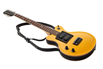 A Vintage-Style Electric Guitar In Vibrant Yellow On A Sleek Black Stand on Transparent PNG Background..