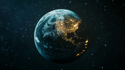 Obraz premium A round Earth at night, shining with lights from human settlements, is floating in space. The Earth is part of the solar system. --ar 16:9 --v 6.1 Job ID: 8123a4ec-1cab-45c0-8ebc-9ac327b43f43