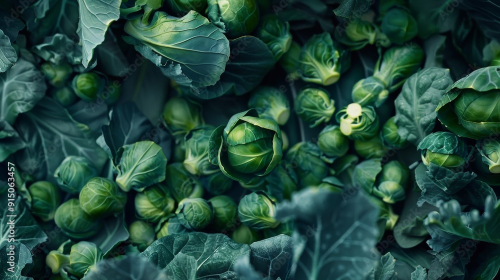 Canvas Prints A vibrant scene of freshly harvested green Brussels sprouts set against their leafy backdrop in a farm-fresh setting.