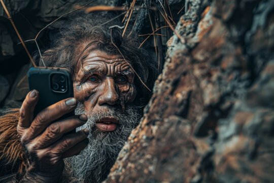 Ancient Man Takes a Selfie, Modern Technology in Cavemen Hands, Wild Man with Smartphone