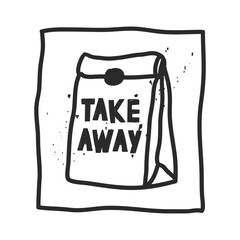 clip art of a kraft bag labeled: take away. vector Illustration in naive art with texture. doodle art in a black hand-drawn frame. bags for takeaway food. Carton disposable, recyclable packs