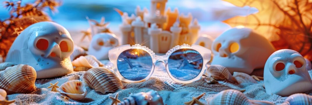 A beach setting with Halloween sunglasses lying on a towel, surrounded by spooky seashells and ghost - shaped sandcastles