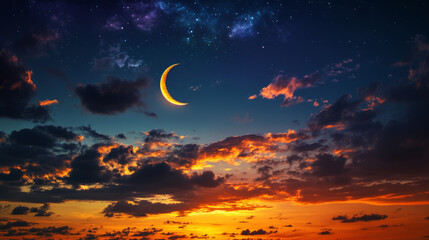 A stunning night sky with dark, fluffy clouds illuminated by the sun. A crescent moon hangs above a colorful sunset. --ar 16:9 --v 6.1 Job ID: e90e2a12-a3c1-4120-a626-bb52901a8790