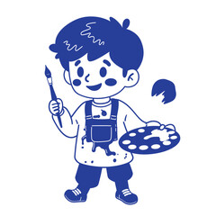  Cute boy holding a palette and paintbrush, in blue and white, playful art style.
