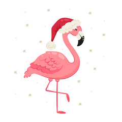 Pink funny flamingo in Santa hat. Flat style Christmas character. Summer Christmas. Tropical bird.