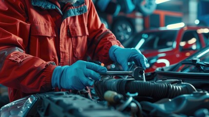 The mechanic's hands wearing blue gloves are working on car engine parts, performing maintenance or repair