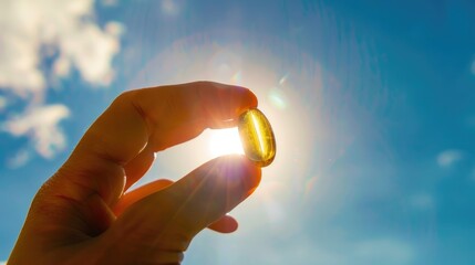 A hand holding one fish oil capsule against a blue sky with sun rays, in the style of high resolution photography, with high details, in a hyper quality