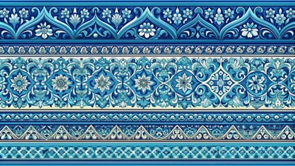 Azure Arabesque Tile Border Intricate Blue and White Floral Pattern - Seamless Mosaic Design, Islamic Art, Moroccan Architecture, Traditional Decor, Vintage Tilework, Geometric Patterns