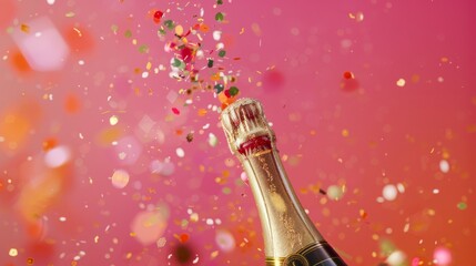 Celebratory explosion of a champagne bottle with multi-colored confetti against a vibrant pink background, sparking joyous festivities.