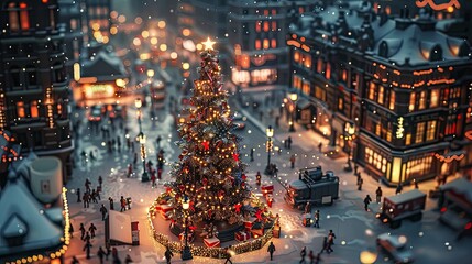 Festive Christmas tree in a bustling city square, decked out with urban-themed decorations and surrounded by excited crowds 