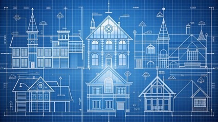 Blueprint Architectural Design 7 Houses, Blue Grid, Detailed Floor Plans, Home Construction, Building Design, Residential Architecture, Draft