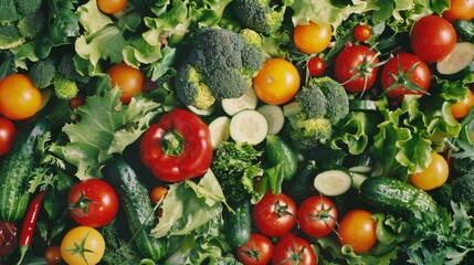 A lush garden's bounty of fresh vegetables features vibrant peppers, tomatoes, cucumbers, and leafy greens, showcasing a variety of shapes and colors.