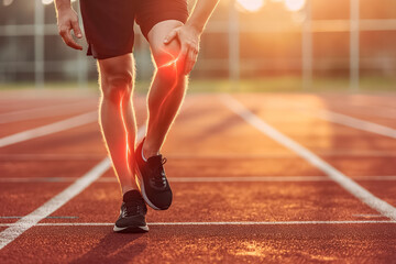 Under the setting sunlight on a track, a young athlete is seen clutching their knee in pain, highlighting the injury and discomfort they are experiencing