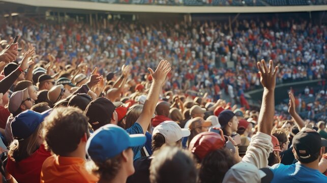 A lively stadium filled with cheering fans, capturing the excitement and energy of a large sports event under clear skies.