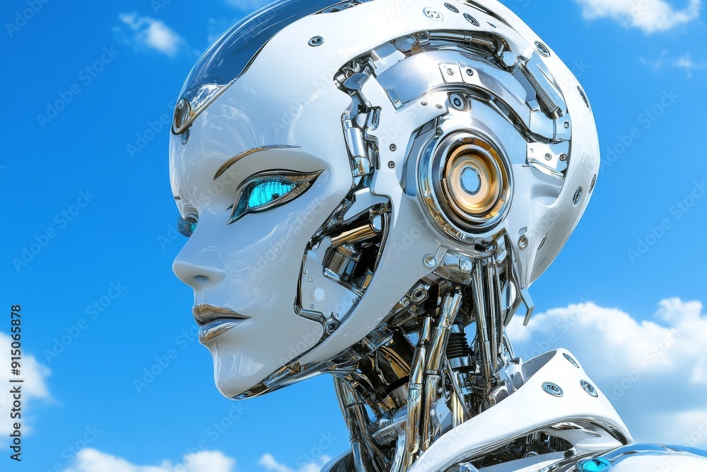 Poster cybernetic womans head with mechanical details exploring the blending of human traits with robotics.