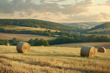 Fototapeta premium Hay Bales In A Field With Rolling Hills Photo