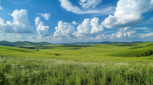 Lush green meadows dotted with rolling hills stretch towards a vast blue sky adorned with fluffy white clouds. --ar 16:9 --v 6.1 Job ID: a3bb37b3-e98b-4d90-a0ab-f7230284731d
