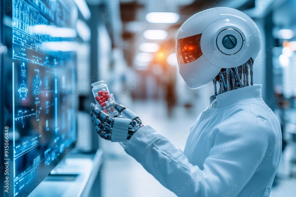 Poster futuristic scientist in a robotic laboratory merging human expertise with advanced technology.
