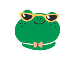 Cute funny frog characters, head portrait, face avatar. Modern cool comic animal in sunglasses and bow tie. Happy smiling funky stylish muzzle. Flat vector illustration isolated on white background