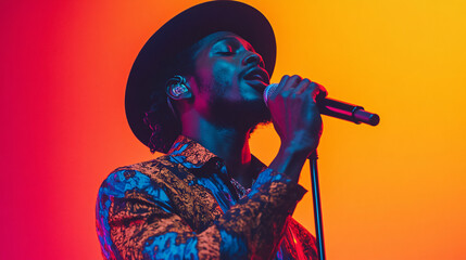 Man singing passionately into a microphone on stage with vibrant colorful lighting

