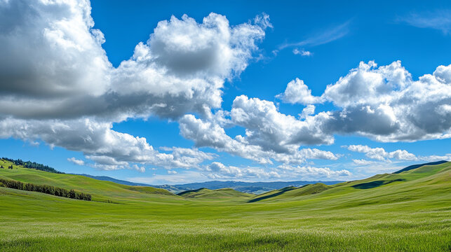 Lush green meadows dotted with rolling hills stretch towards a vast blue sky adorned with fluffy white clouds. --ar 16:9 --v 6.1 Job ID: a3bb37b3-e98b-4d90-a0ab-f7230284731d