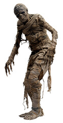 Fototapeta premium Realistic Ancient Undead Walking Mummy in Dynamic Pose Isolated on Transparent Background for Halloween Decor and Educational Use