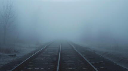 Foggy railroad tracks stretch into the distance, creating a mysterious and serene atmosphere, blending seamlessly into the hazy horizon.