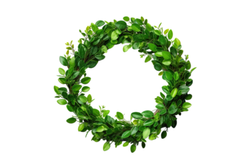 A Lush Circular Wreath Made of Vibrant Green Leaves for Seasonal Celebrations on Transparent PNG Background..