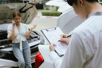 A young Caucasian man and an Asian woman inspect a damaged car after an auto accident. The insurance agent examines the vehicle, writing a report while gathering evidence for the claim investigation a