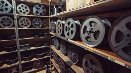 Rows of film reels stored neatly on wooden shelves in a well-organized film archive room, creating a sense of nostalgia and preservation.