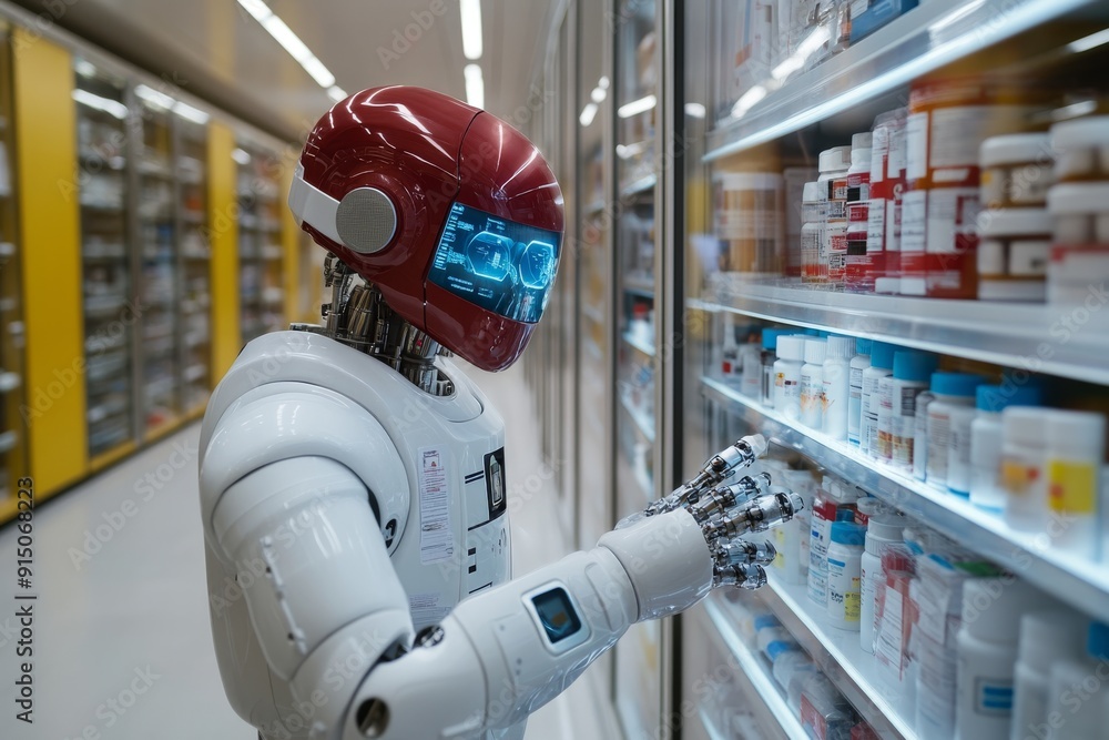 Poster advanced robotic arm in a warehouse optimizing logistics with precision and speed.