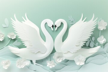 Fototapeta premium Elegant Paper Cut Scene Featuring a Pair of Swans in Love Among Floral Elements - Perfect for Romance or Wedding Themes