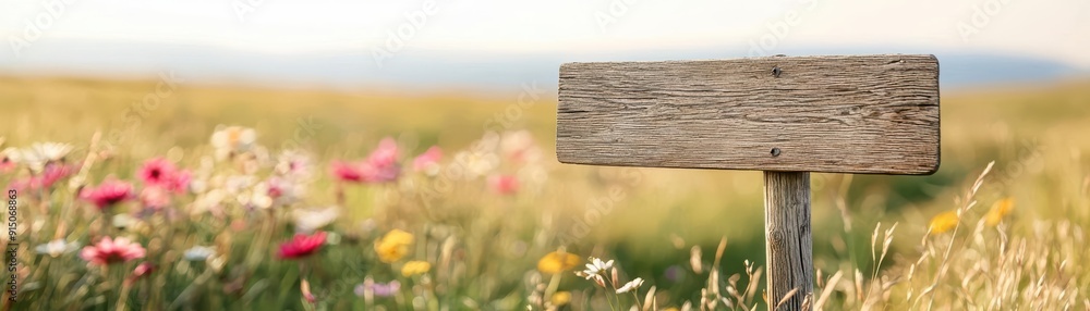 Wall mural wooden signpost in a grassy field with a blurred background.