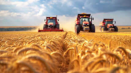 Fototapeta premium The scene of autumn combine harvester harvesting wheat in the wheat field